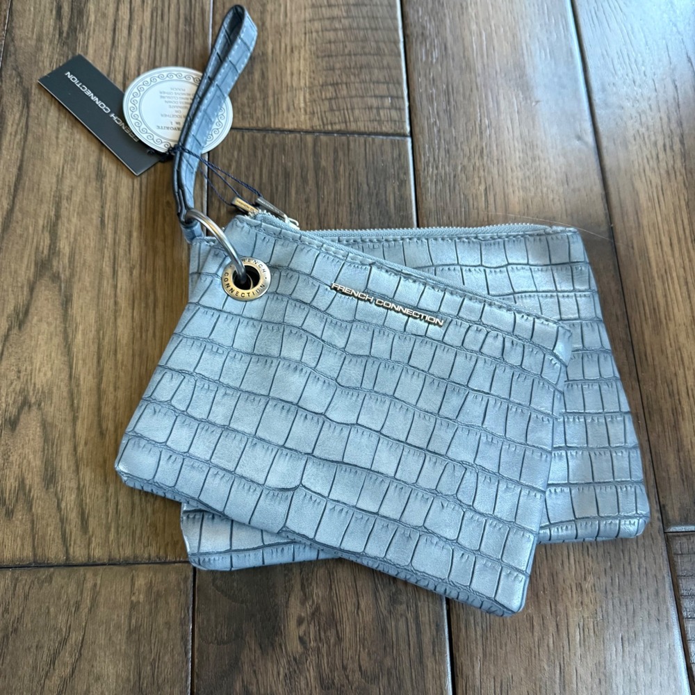 French Connection Blue Grey Croc Embossed‎ 2-in-1 Wristlet Pouch Set NWT